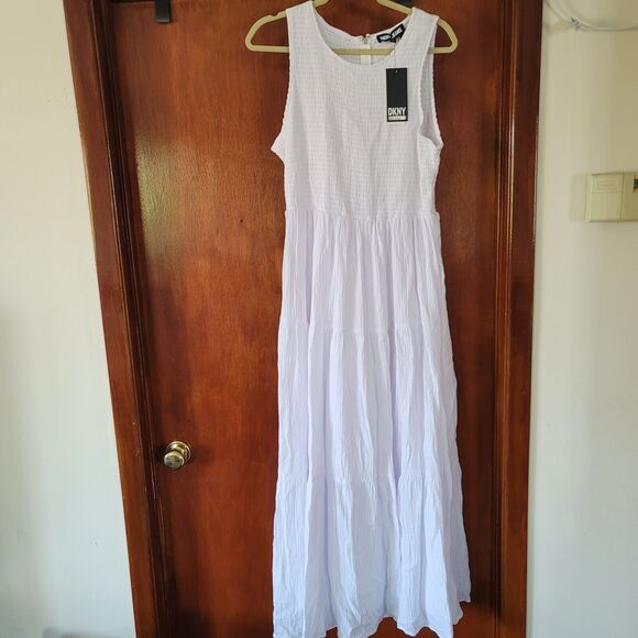 DKNY Cotton Gauze Smocked-Bodice white Maxi Dress size L sleevesless 100% cotton - Picture 4 of 12